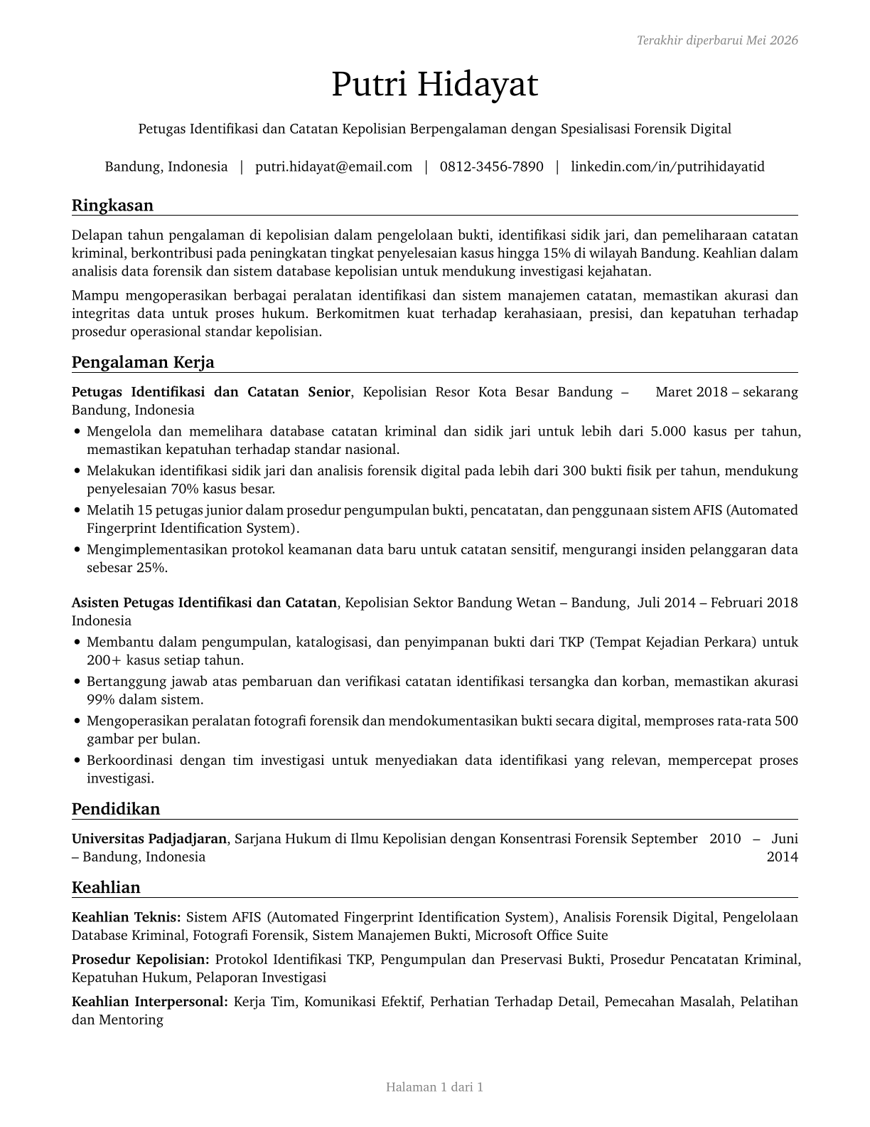 Police Identification and Records Officers CV in Indonesian — page 1
