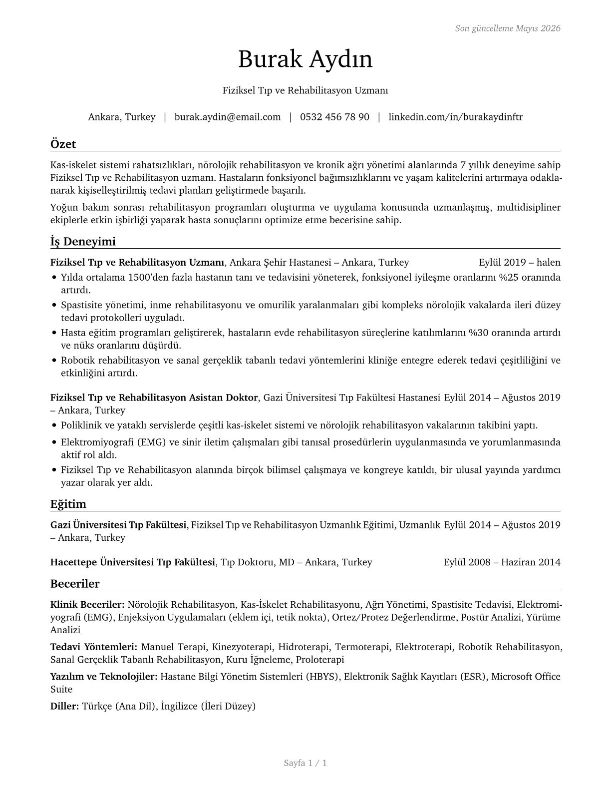 Physical Medicine and Rehabilitation Physicians CV in Turkish — page 1