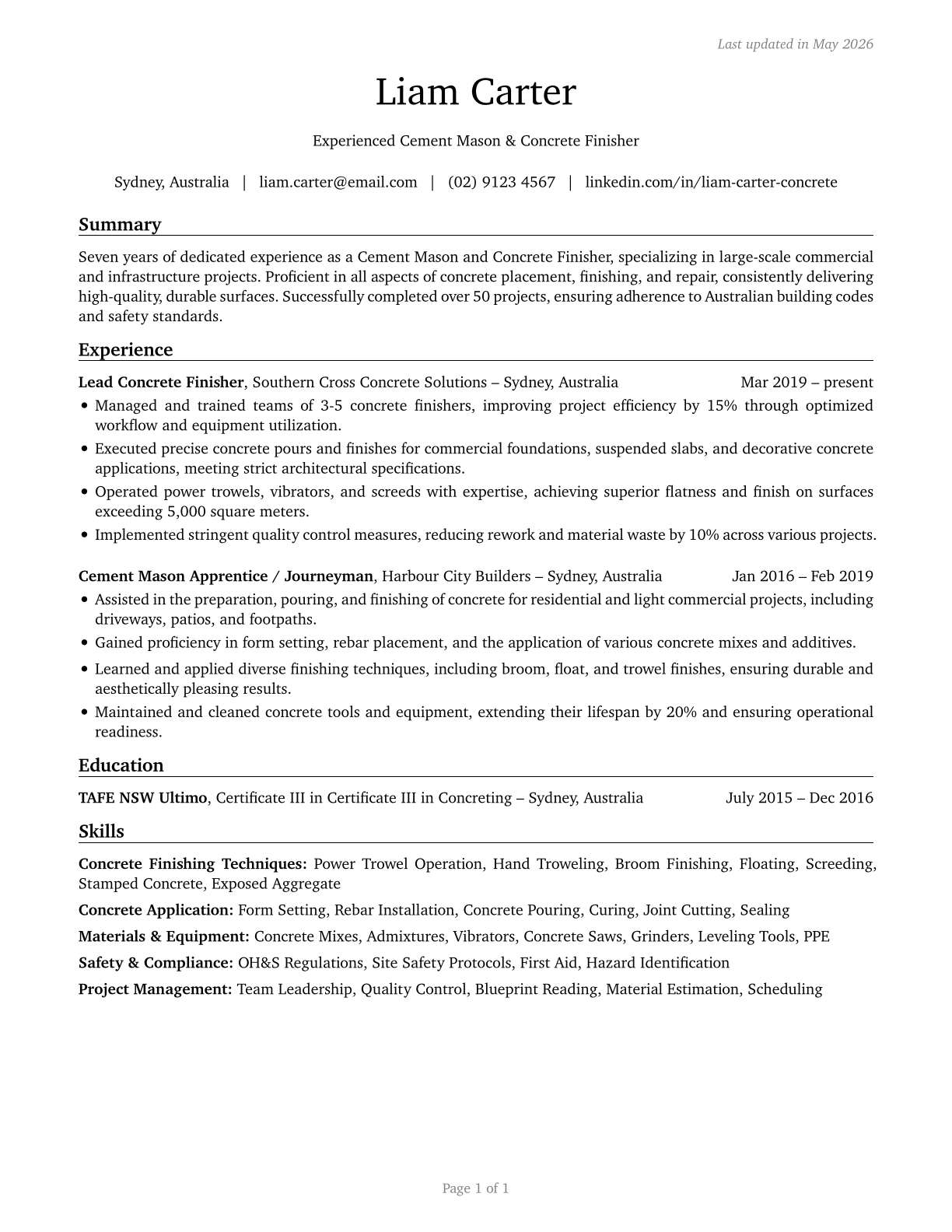 Cement Masons and Concrete Finishers CV in English — page 1