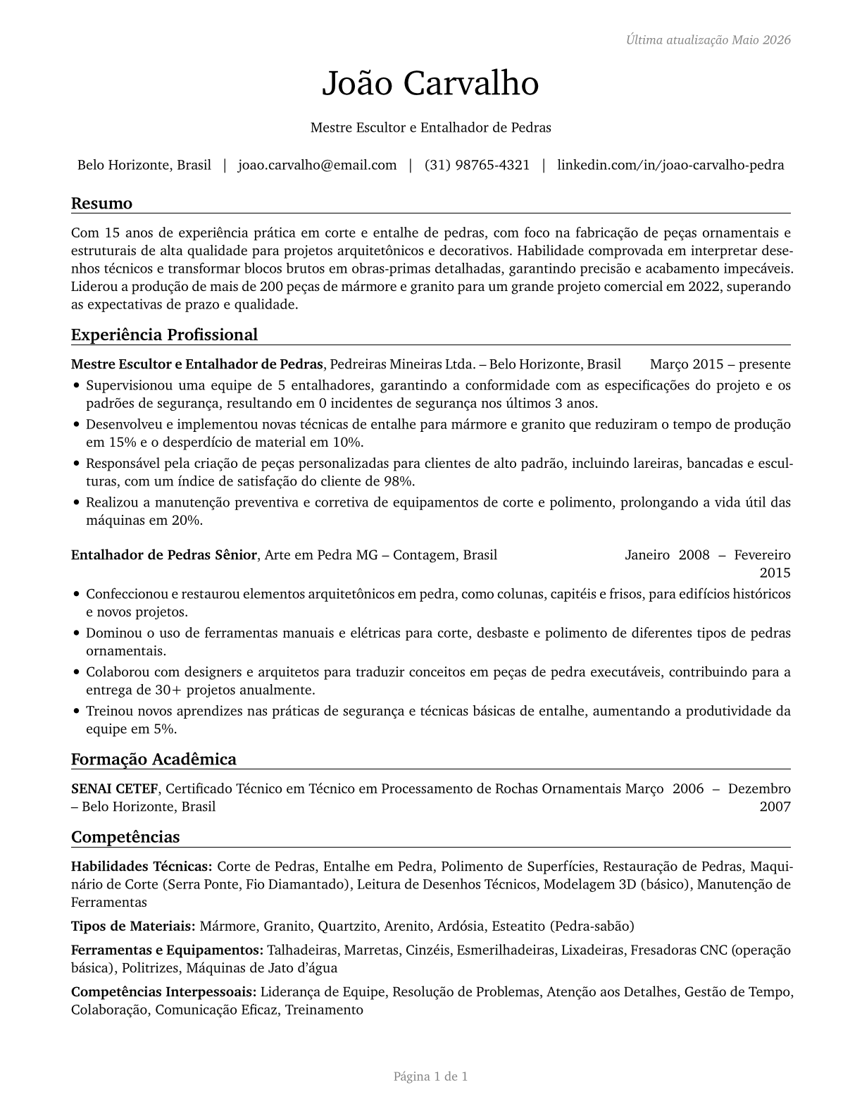 Stone Cutters and Carvers, Manufacturing CV in Portuguese — page 1