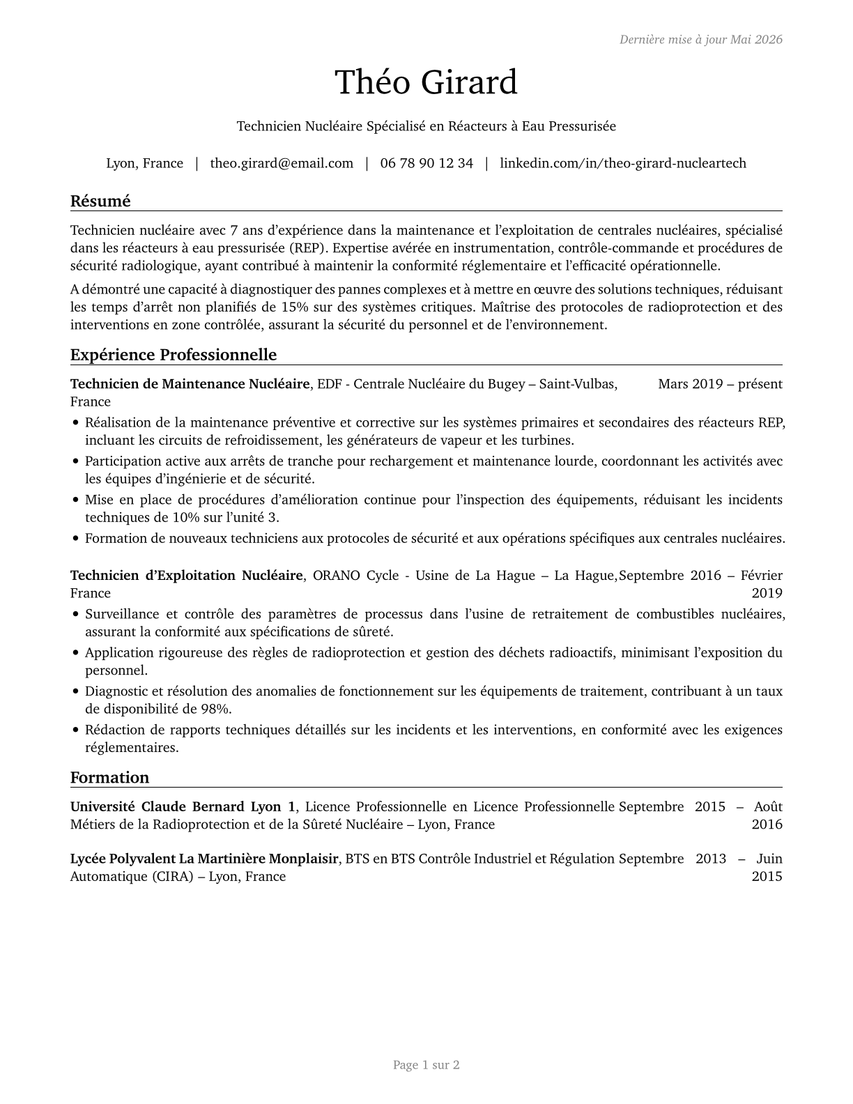 Nuclear Technicians CV in French — page 1