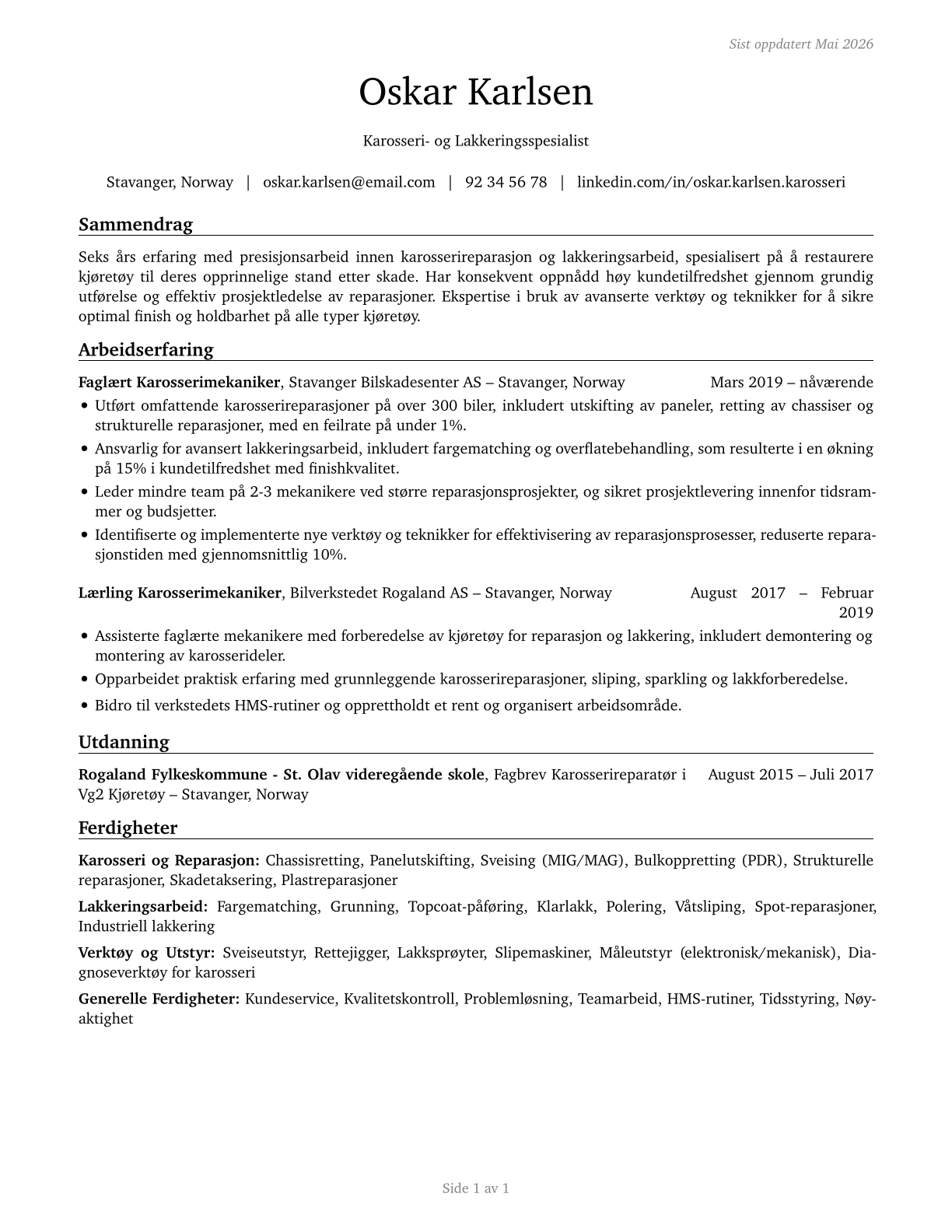 Automotive Body and Related Repairers CV in Norwegian_bokmal — page 1