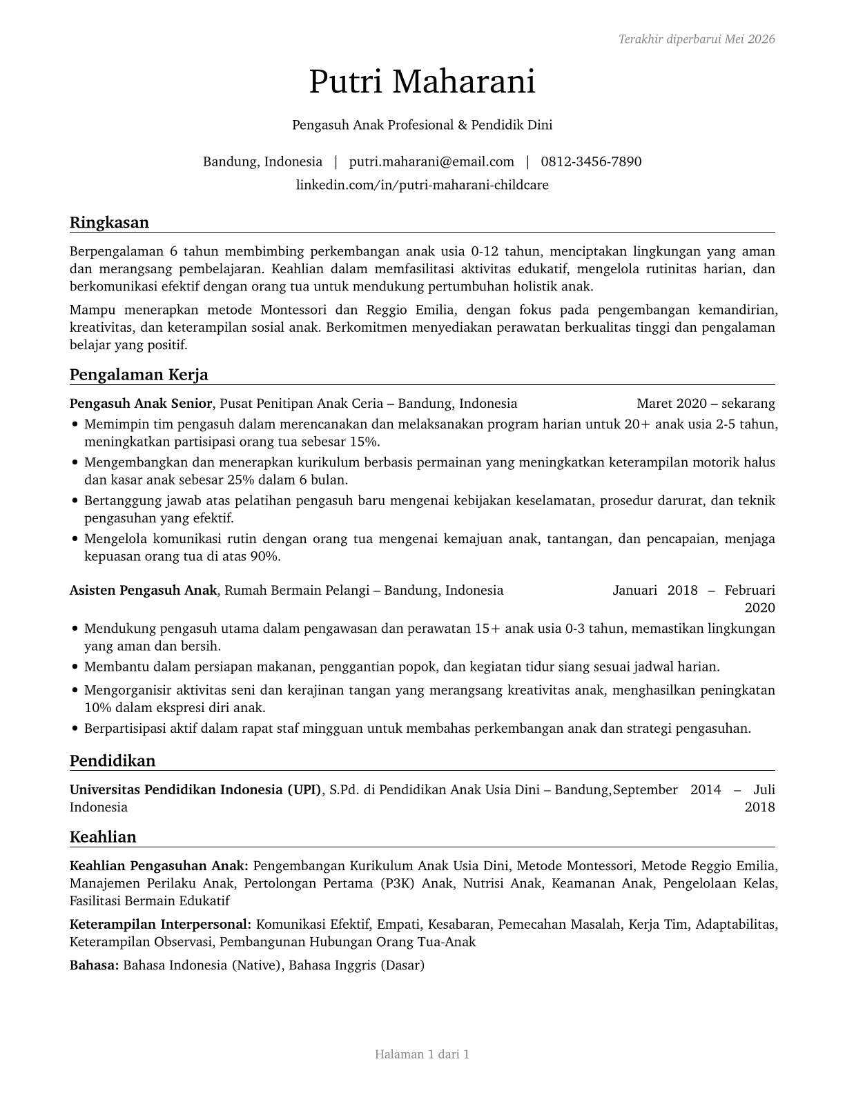 Childcare Workers CV in Indonesian — page 1