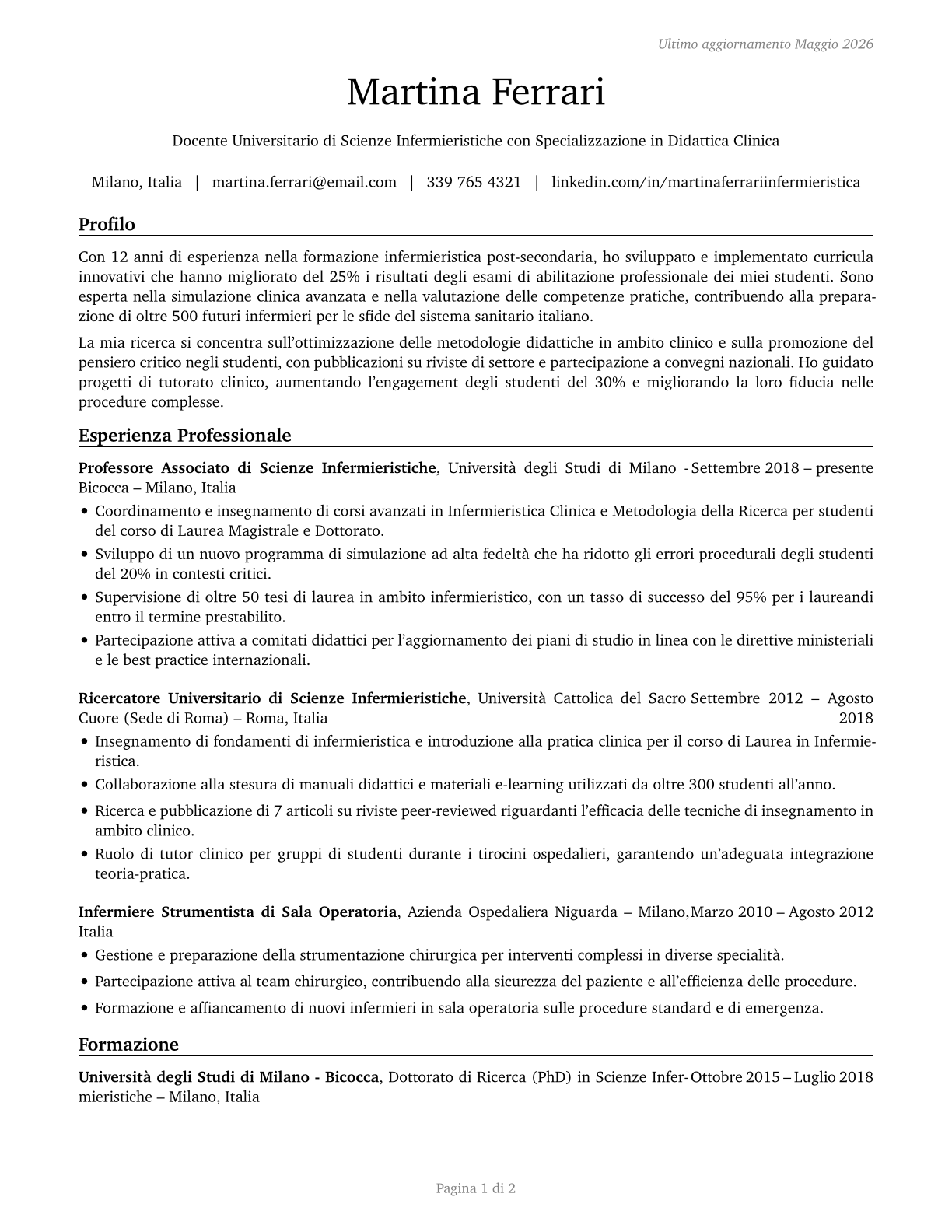 Nursing Instructors and Teachers, Postsecondary CV in Italian — page 1
