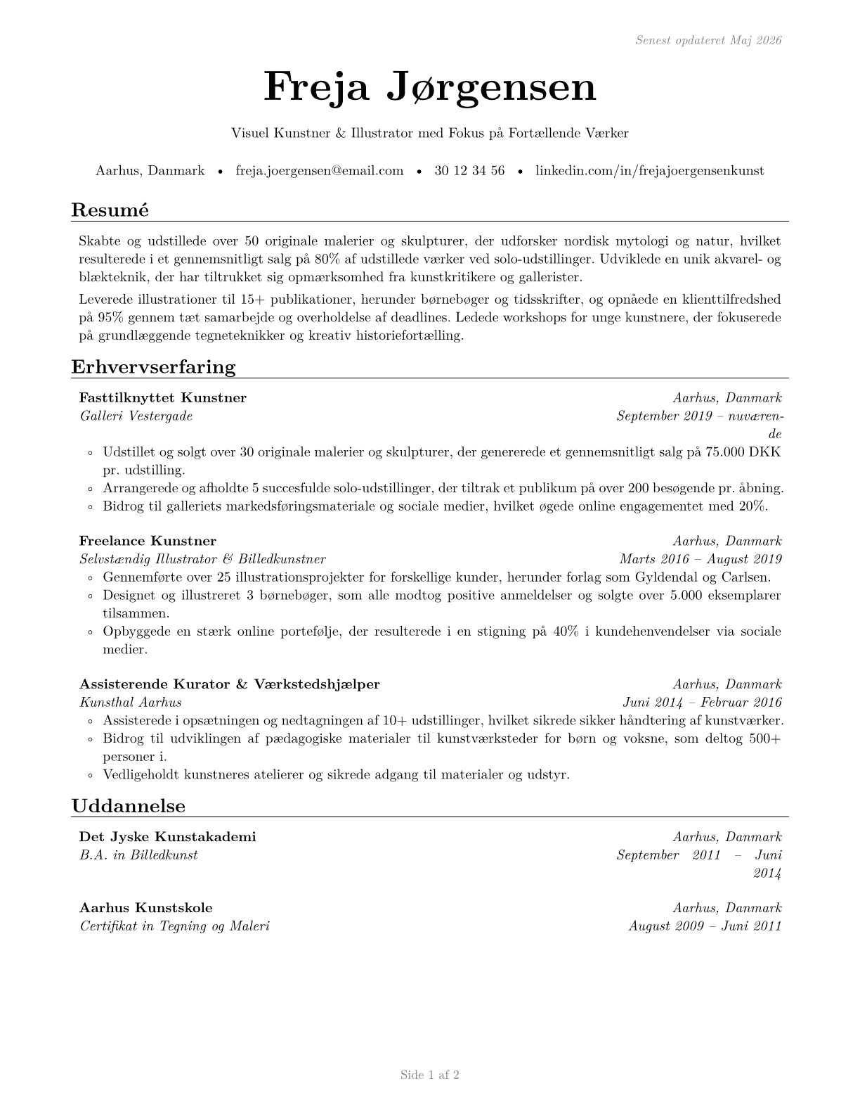 Fine Artists, Including Painters, Sculptors, and Illustrators CV in Danish — page 1