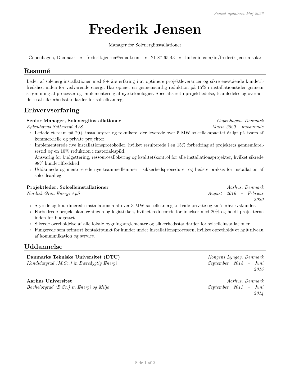 Solar Energy Installation Managers CV in Danish — page 1