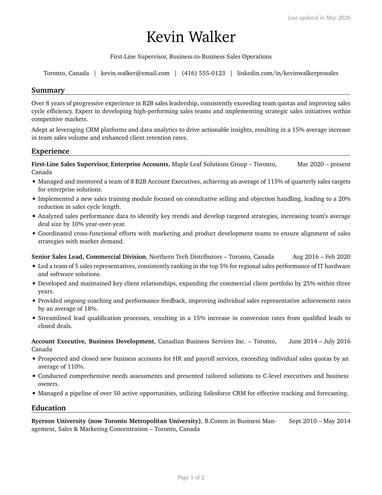 First-Line Supervisors of Non-Retail Sales Workers CV in English — page 1