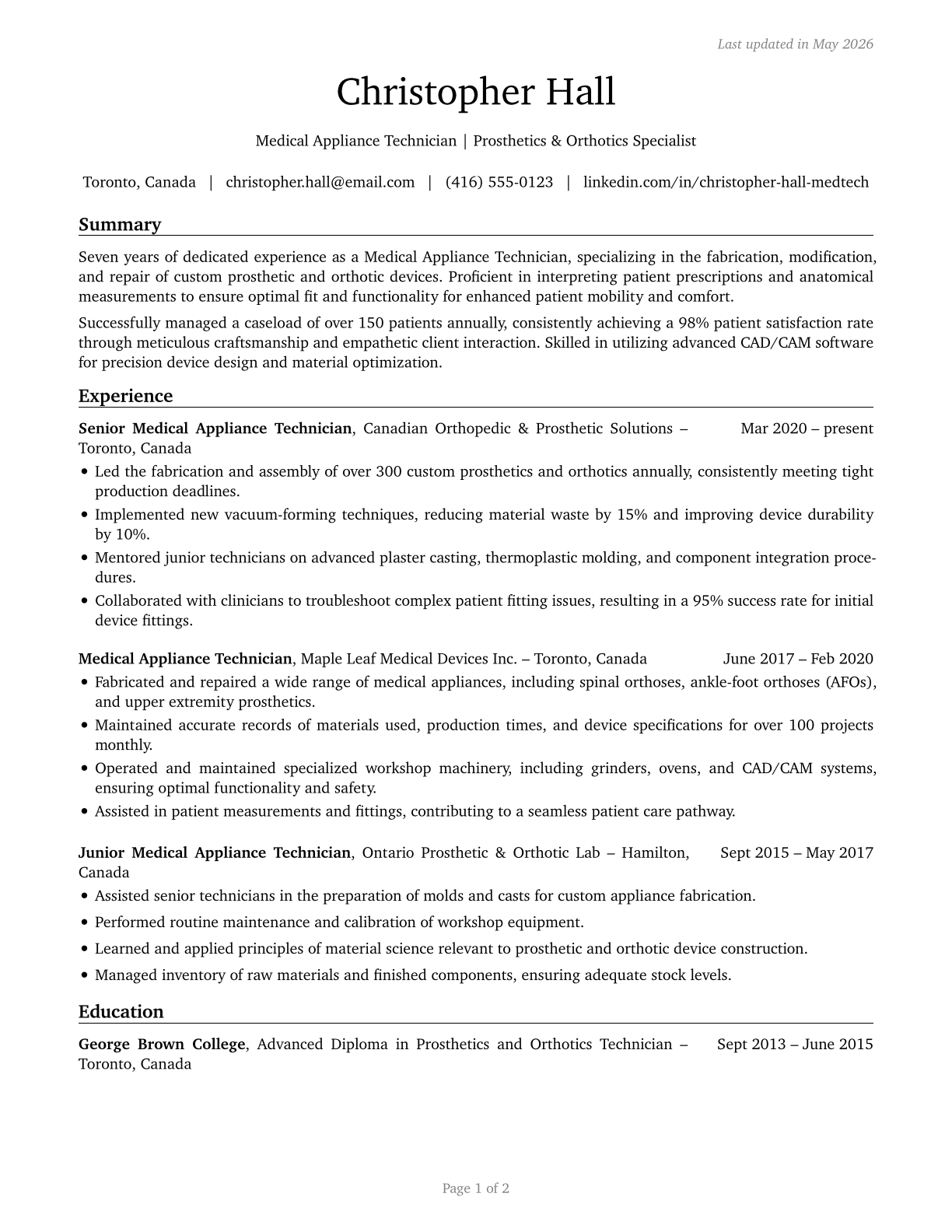 Medical Appliance Technicians CV in English — page 1