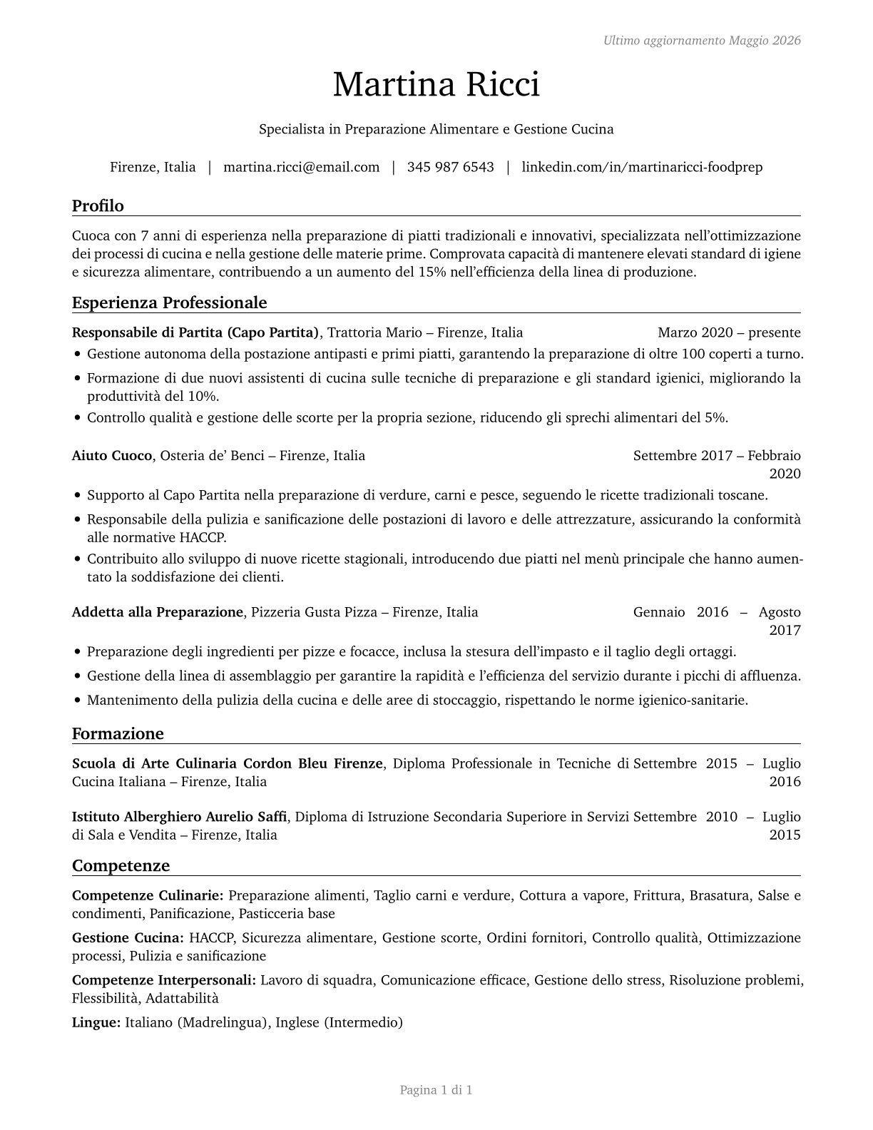 Food Preparation Workers CV in Italian — page 1