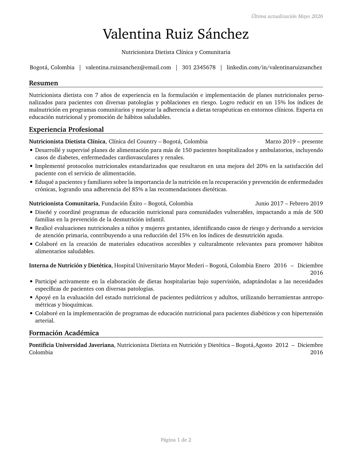 Dietitians and Nutritionists CV in Spanish — page 1