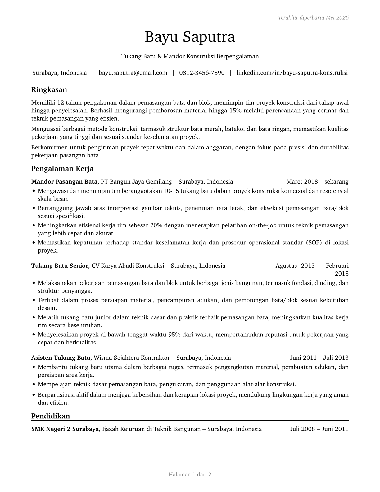 Brickmasons and Blockmasons CV in Indonesian — page 1