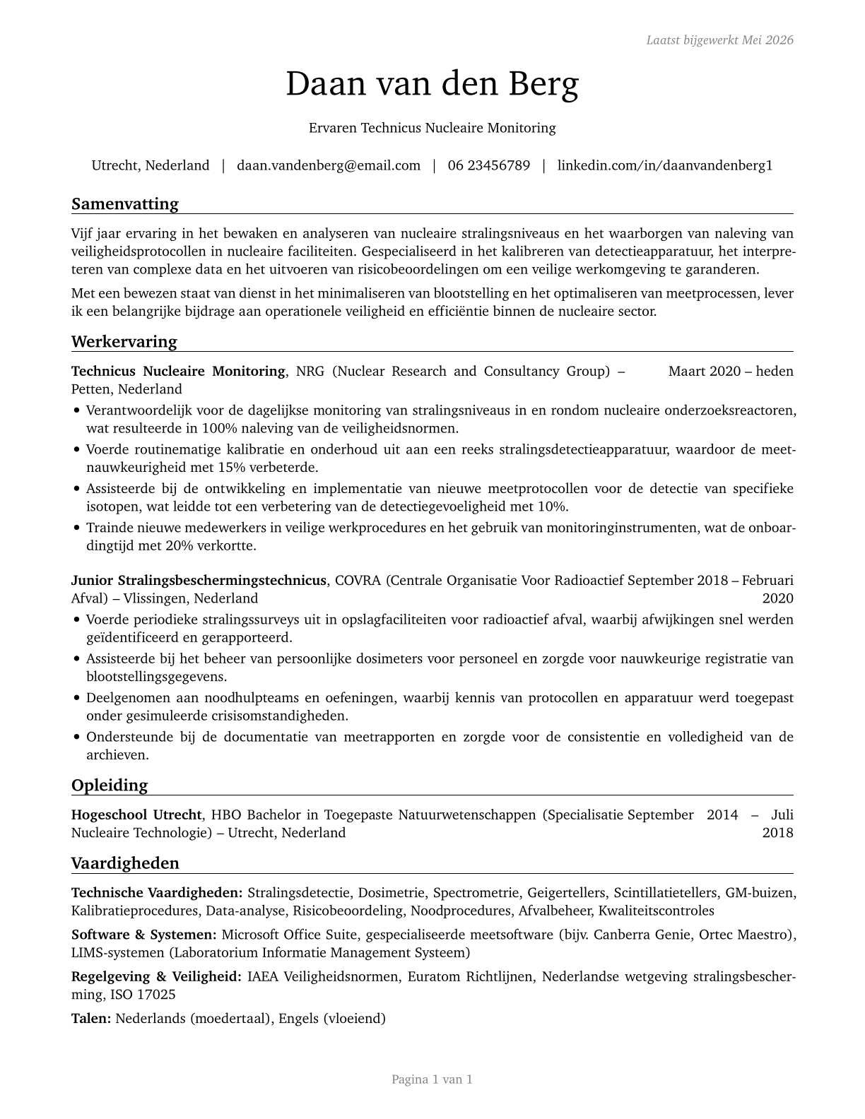 Nuclear Monitoring Technicians CV in Dutch — page 1