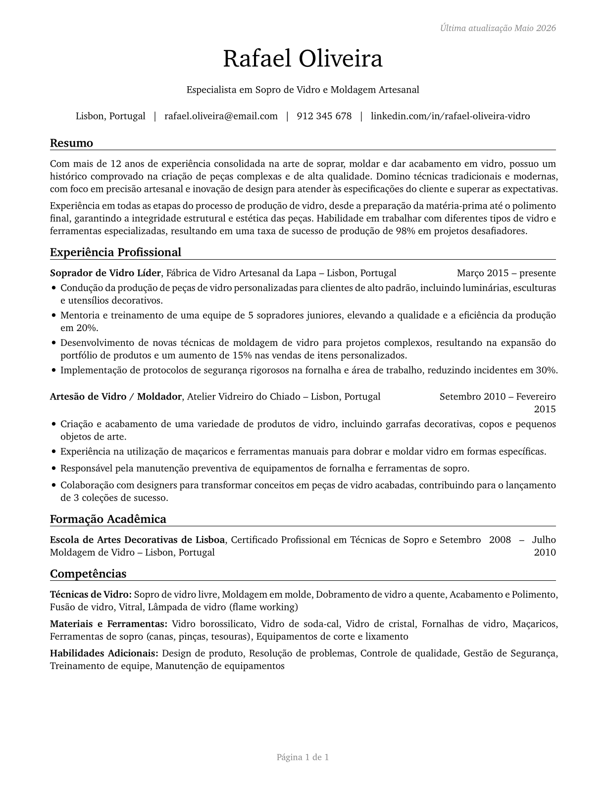 Glass Blowers, Molders, Benders, and Finishers CV in Portuguese — page 1
