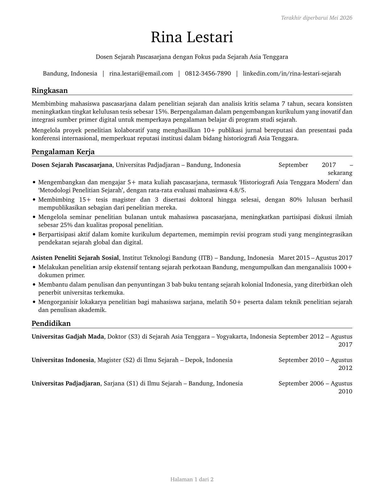 History Teachers, Postsecondary CV in Indonesian — page 1