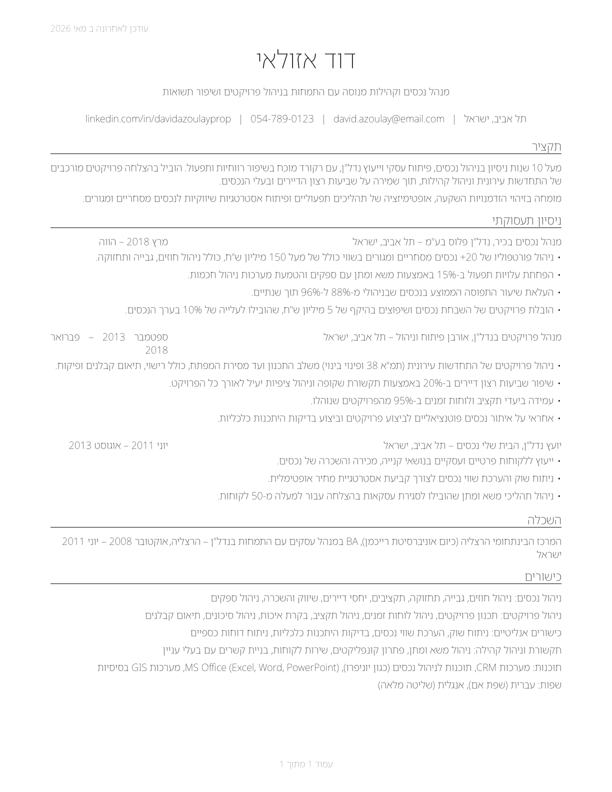 Property, Real Estate, and Community Association Managers CV in Hebrew — page 1