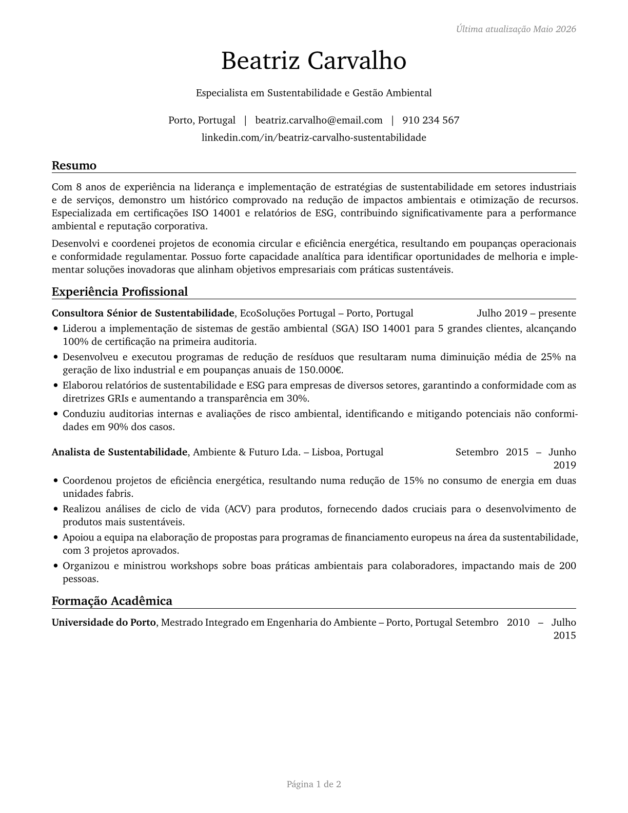 Sustainability Specialists CV in Portuguese — page 1