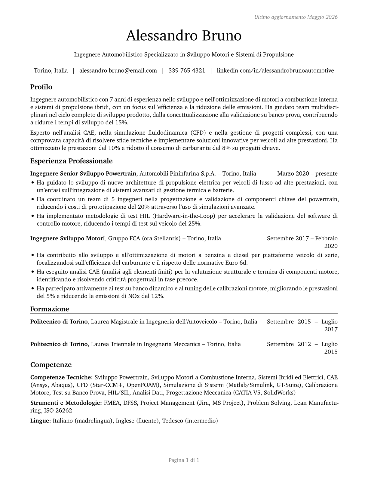 Automotive Engineers CV in Italian — page 1