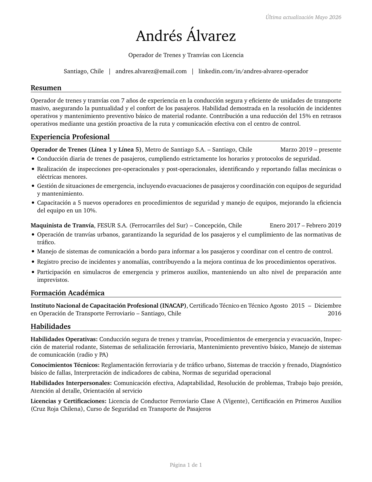 Subway and Streetcar Operators CV in Spanish — page 1