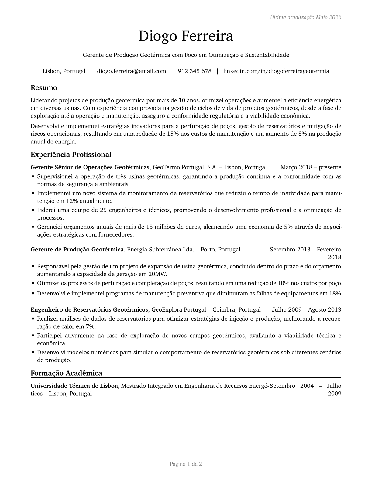 Geothermal Production Managers CV in Portuguese — page 1