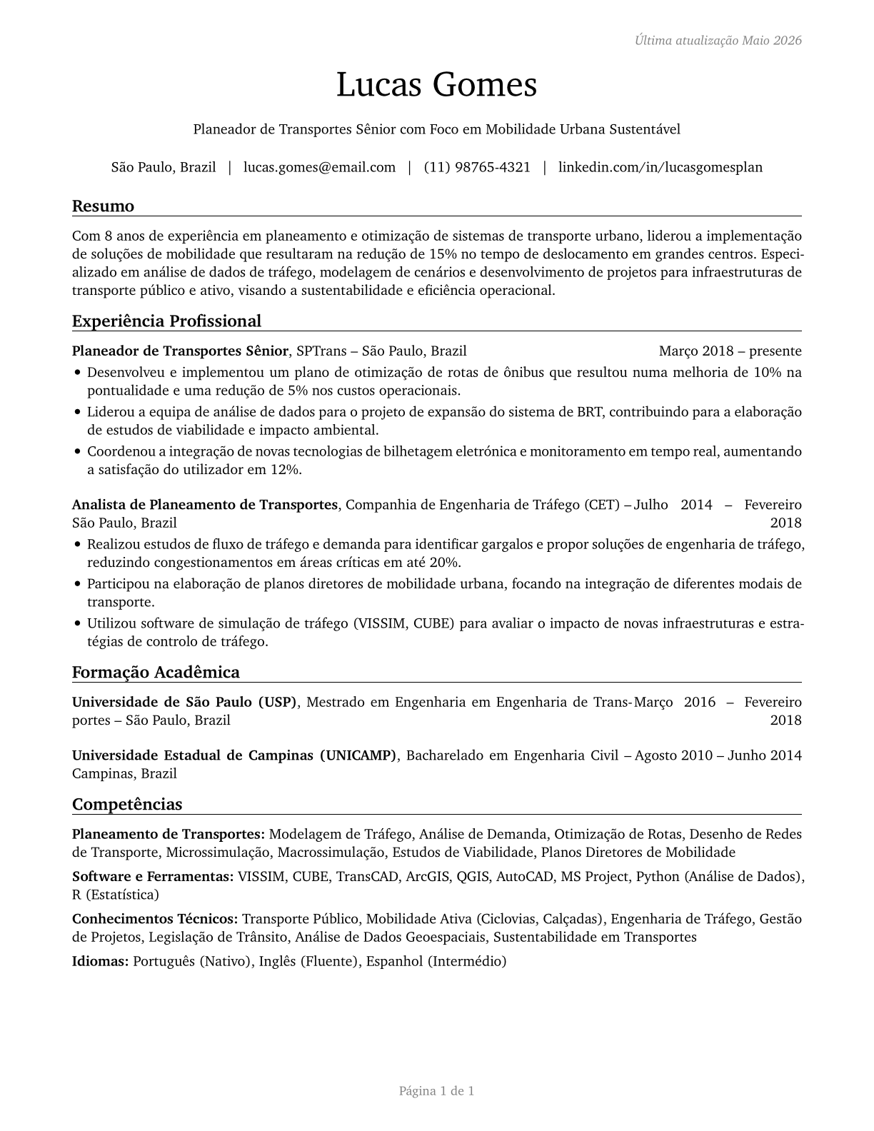 Transportation Planners CV in Portuguese — page 1
