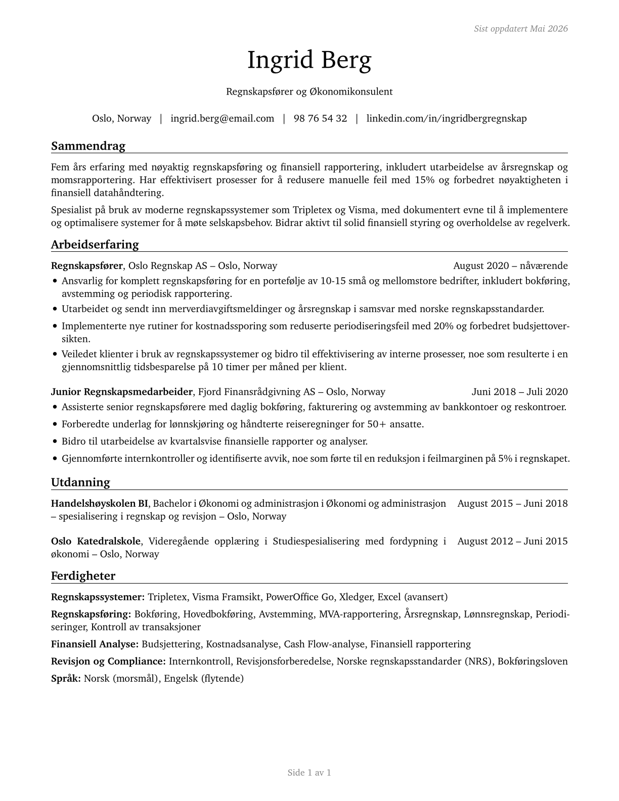 Bookkeeping, Accounting, and Auditing Clerks CV in Norwegian_bokmal — page 1