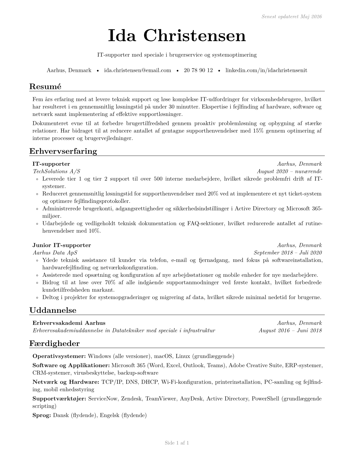 Computer User Support Specialists CV in Danish — page 1