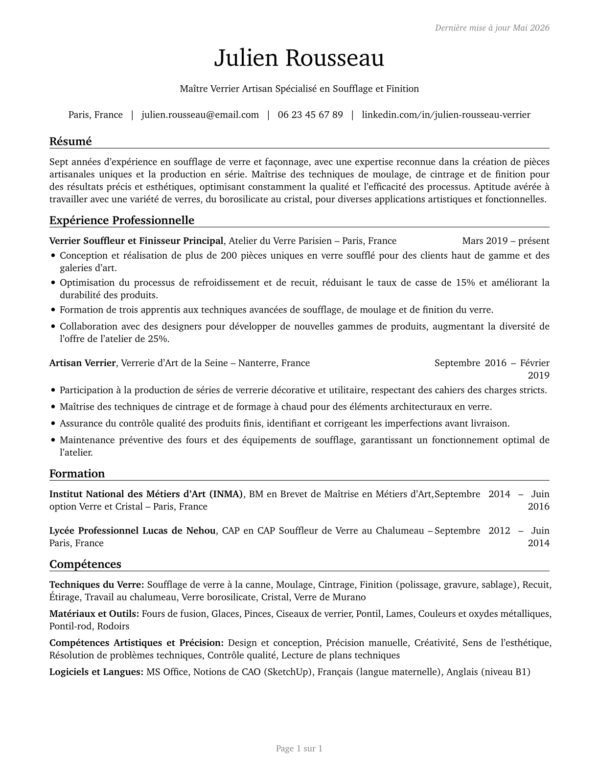 Glass Blowers, Molders, Benders, and Finishers CV in French — page 1