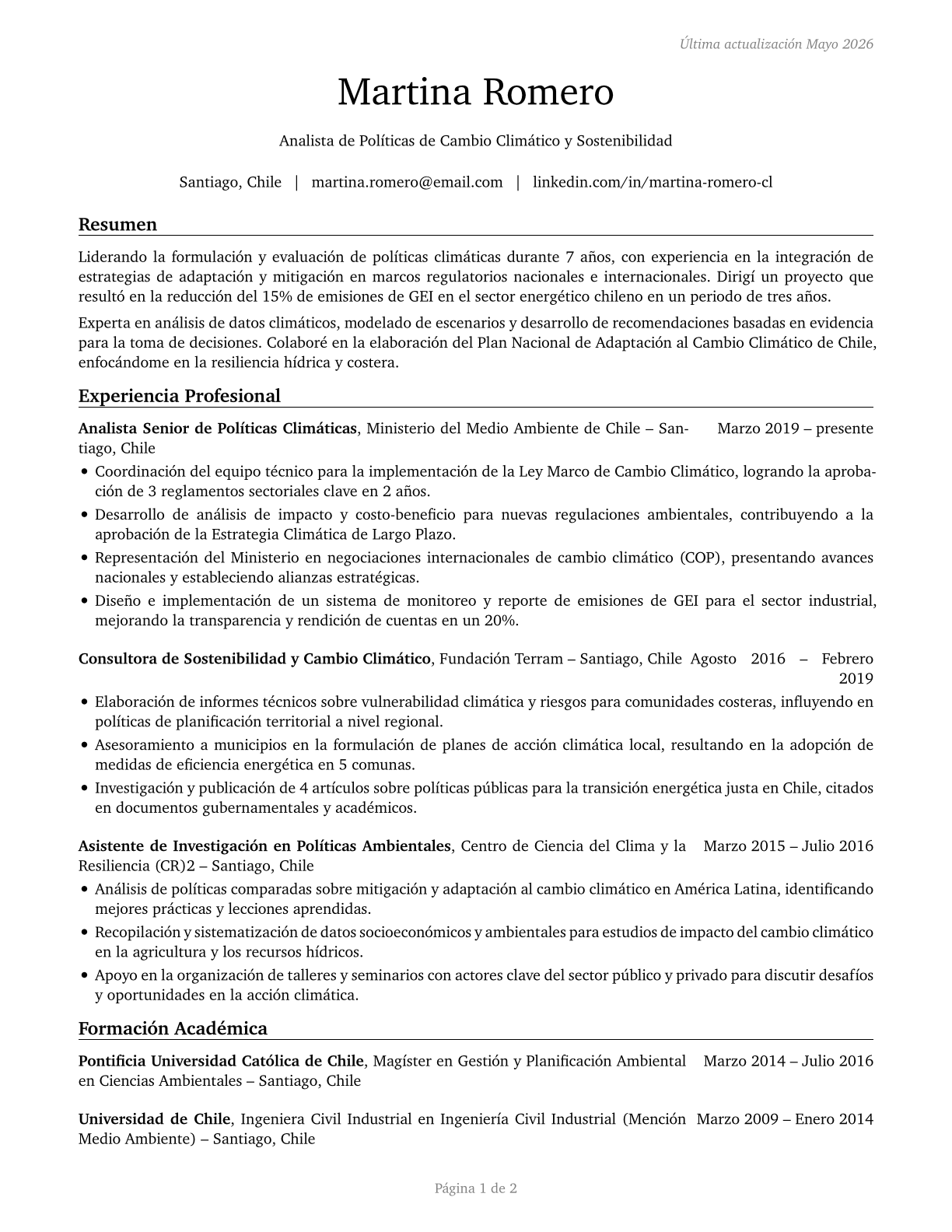 Climate Change Policy Analysts CV in Spanish — page 1