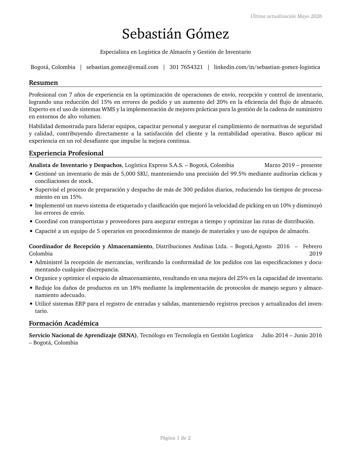 Shipping, Receiving, and Inventory Clerks CV in Spanish — page 1