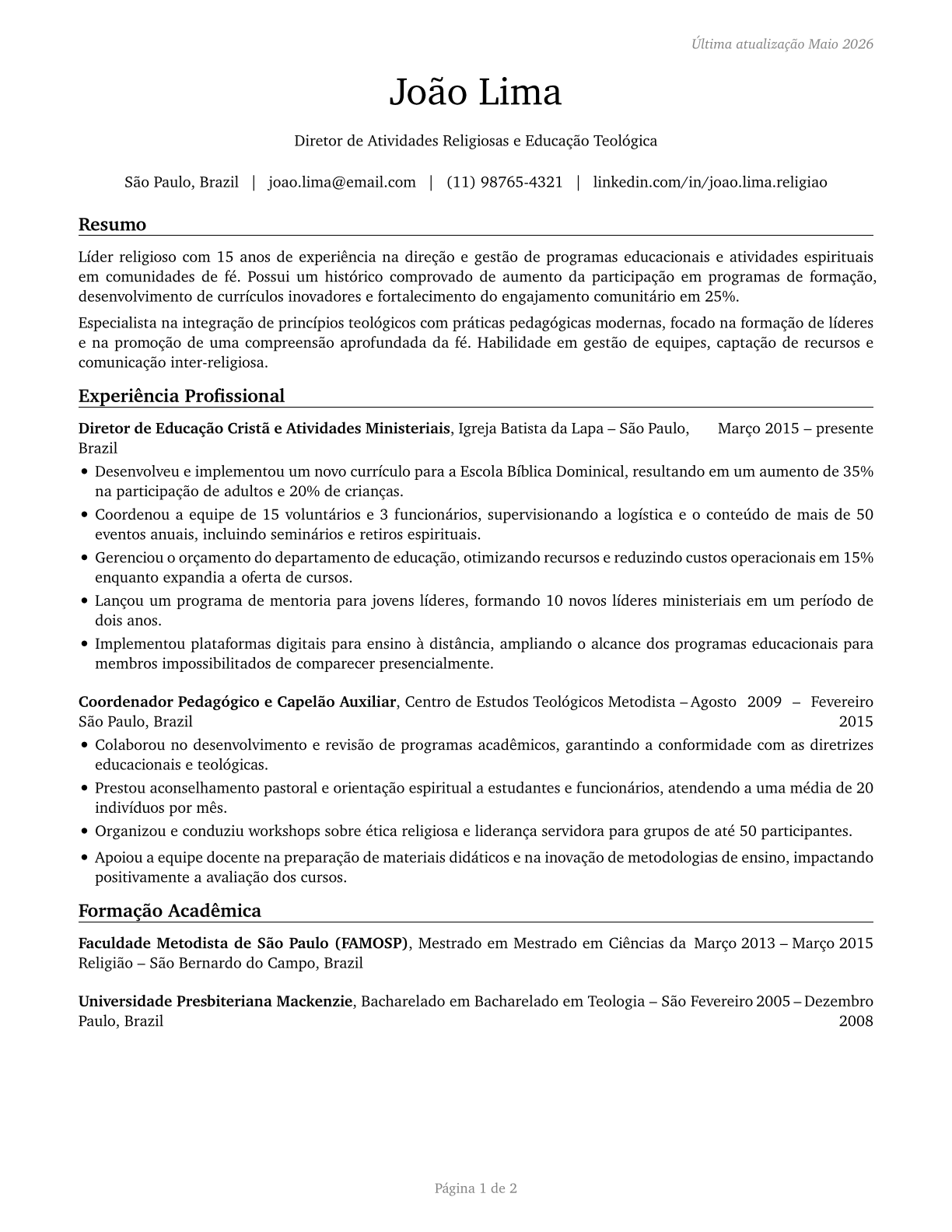 Directors, Religious Activities and Education CV in Portuguese — page 1