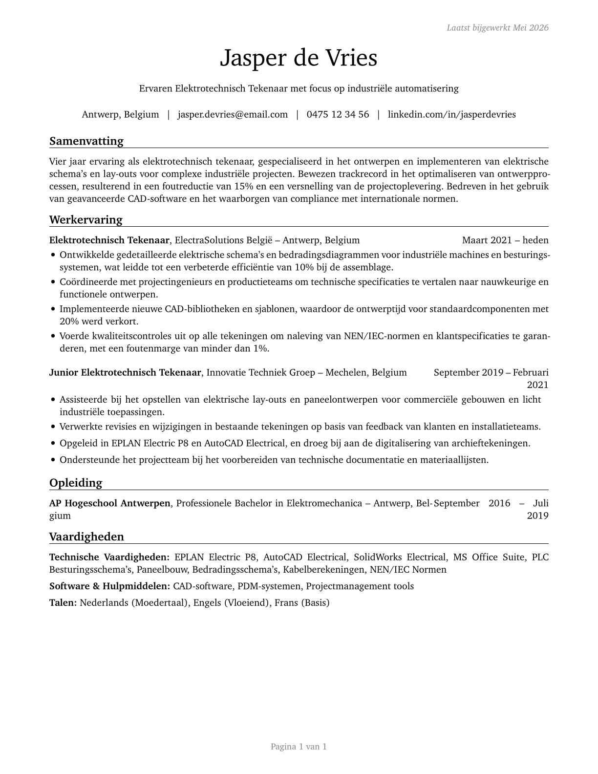 Electrical and Electronics Drafters CV in Dutch — page 1