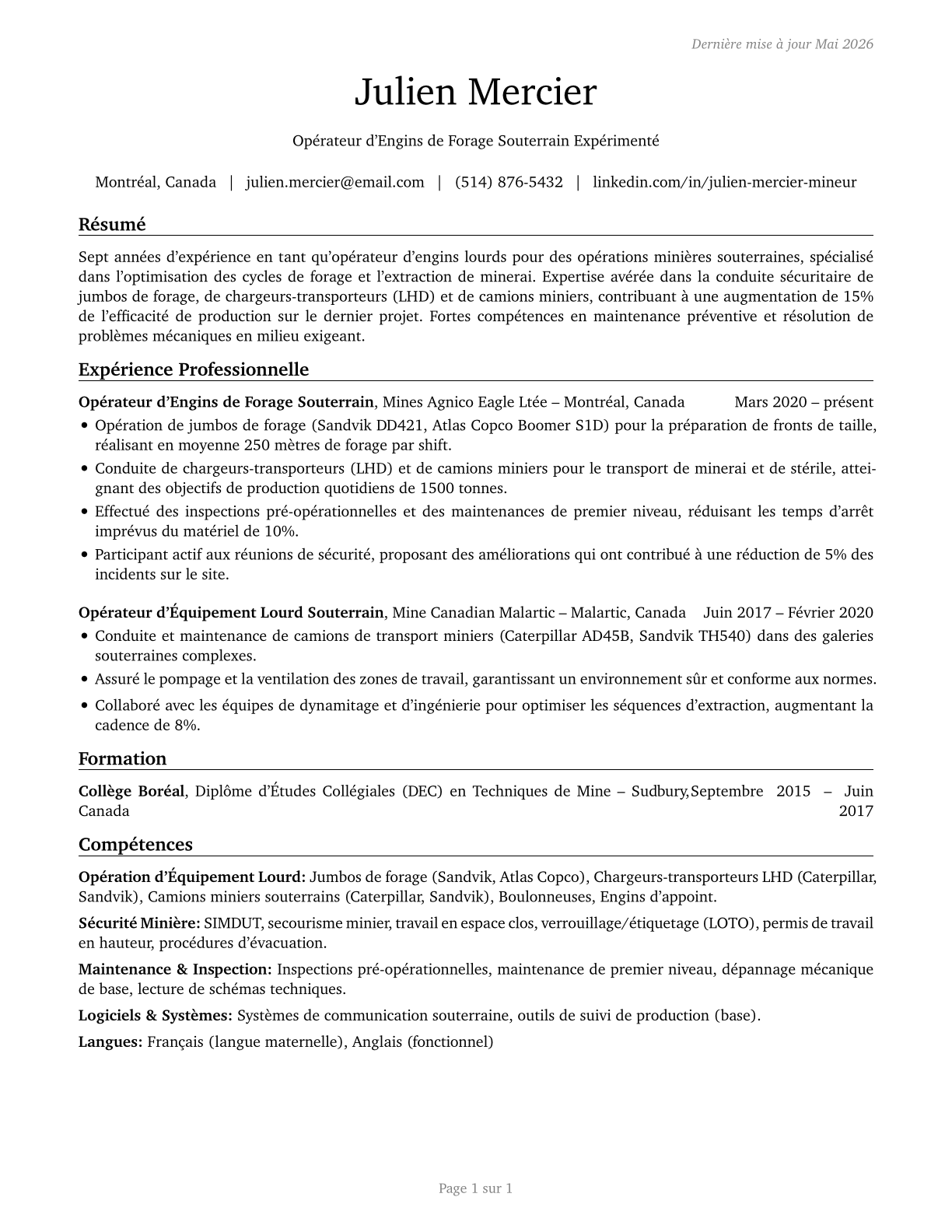 Underground Mining Machine Operators, All Other CV in French — page 1