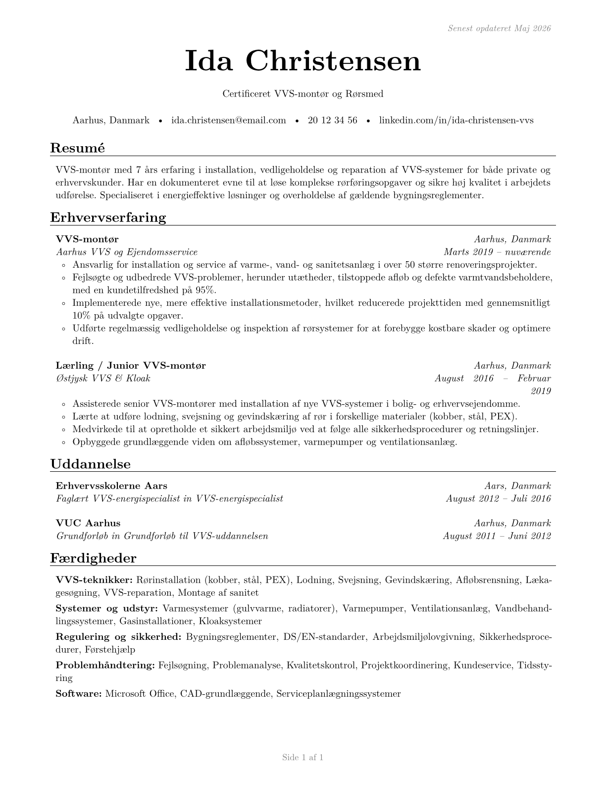 Plumbers, Pipefitters, and Steamfitters CV in Danish — page 1