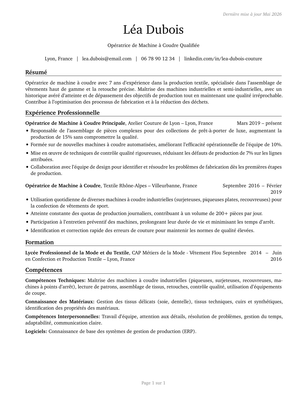 Sewing Machine Operators CV in French — page 1