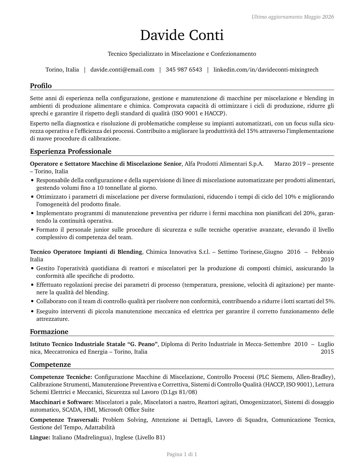 Mixing and Blending Machine Setters, Operators, and Tenders CV in Italian — page 1