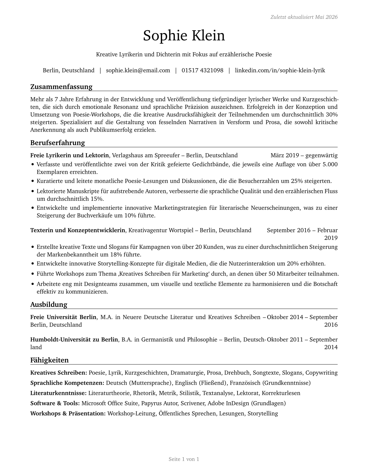 Poets, Lyricists and Creative Writers CV in German — page 1