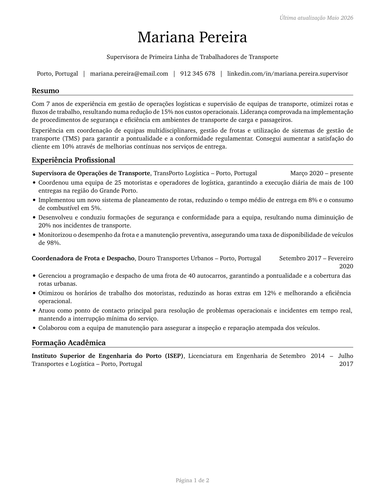 First-Line Supervisors of Transportation Workers, All Other CV in Portuguese — page 1