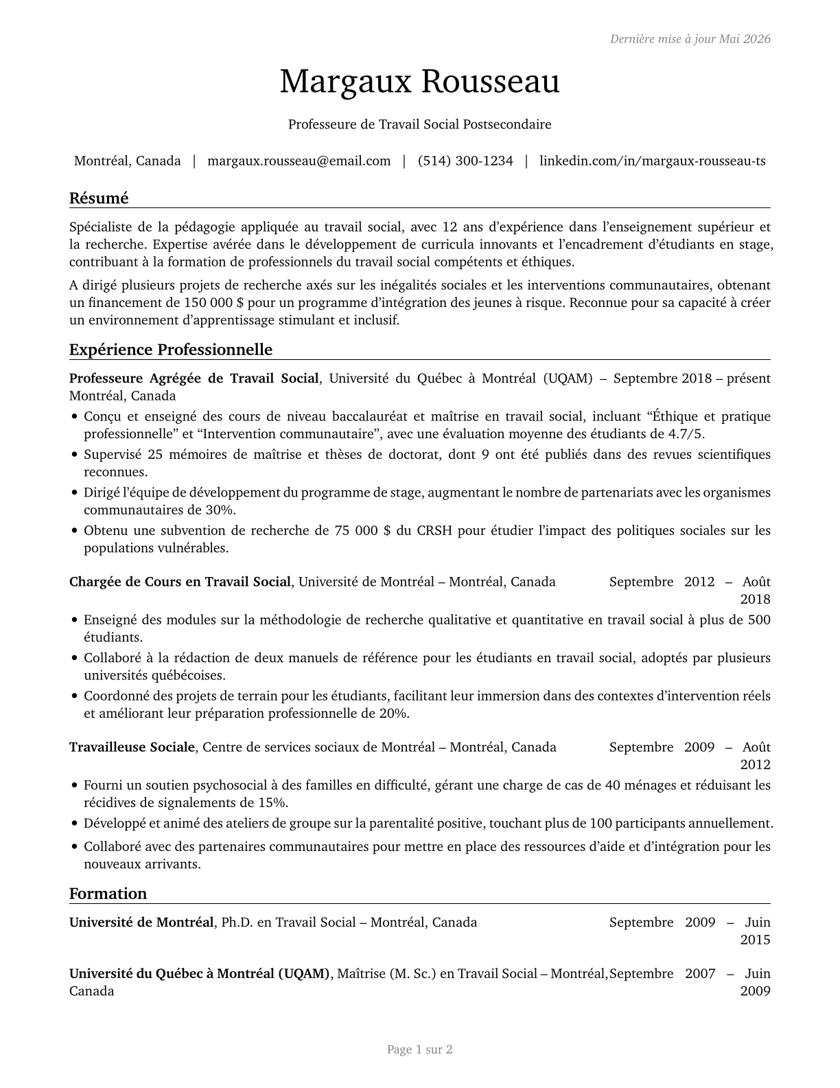 Social Work Teachers, Postsecondary CV in French — page 1
