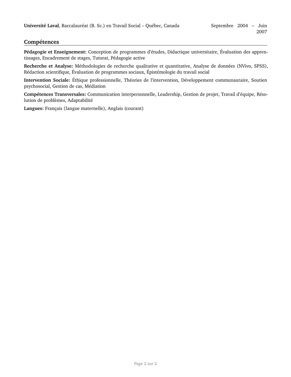 Social Work Teachers, Postsecondary CV in French — page 2