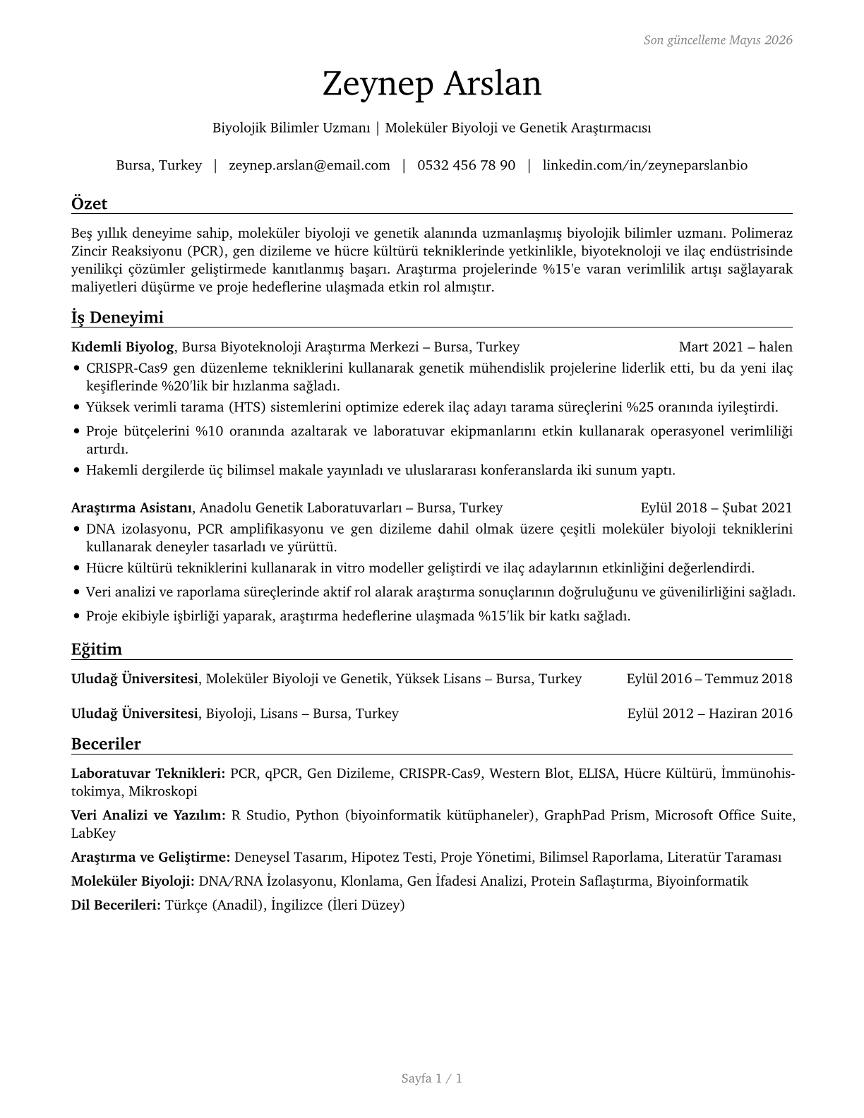 Biological Scientists, All Other CV in Turkish — page 1