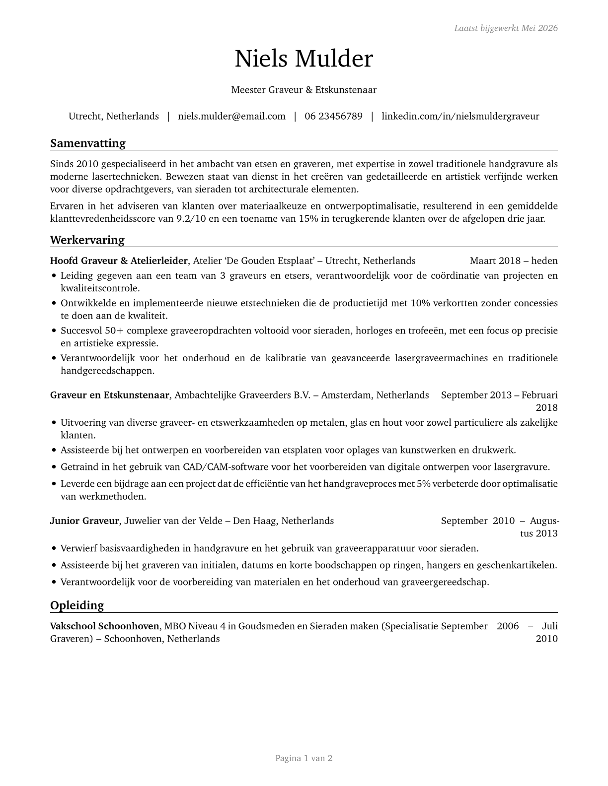 Etchers and Engravers CV in Dutch — page 1