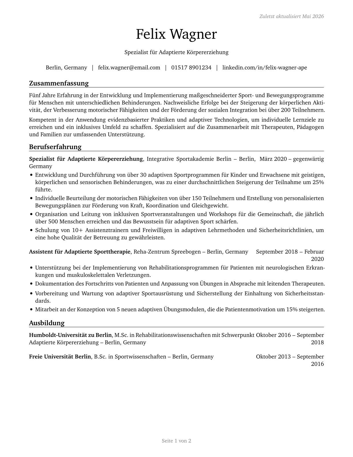 Adapted Physical Education Specialists CV in German — page 1
