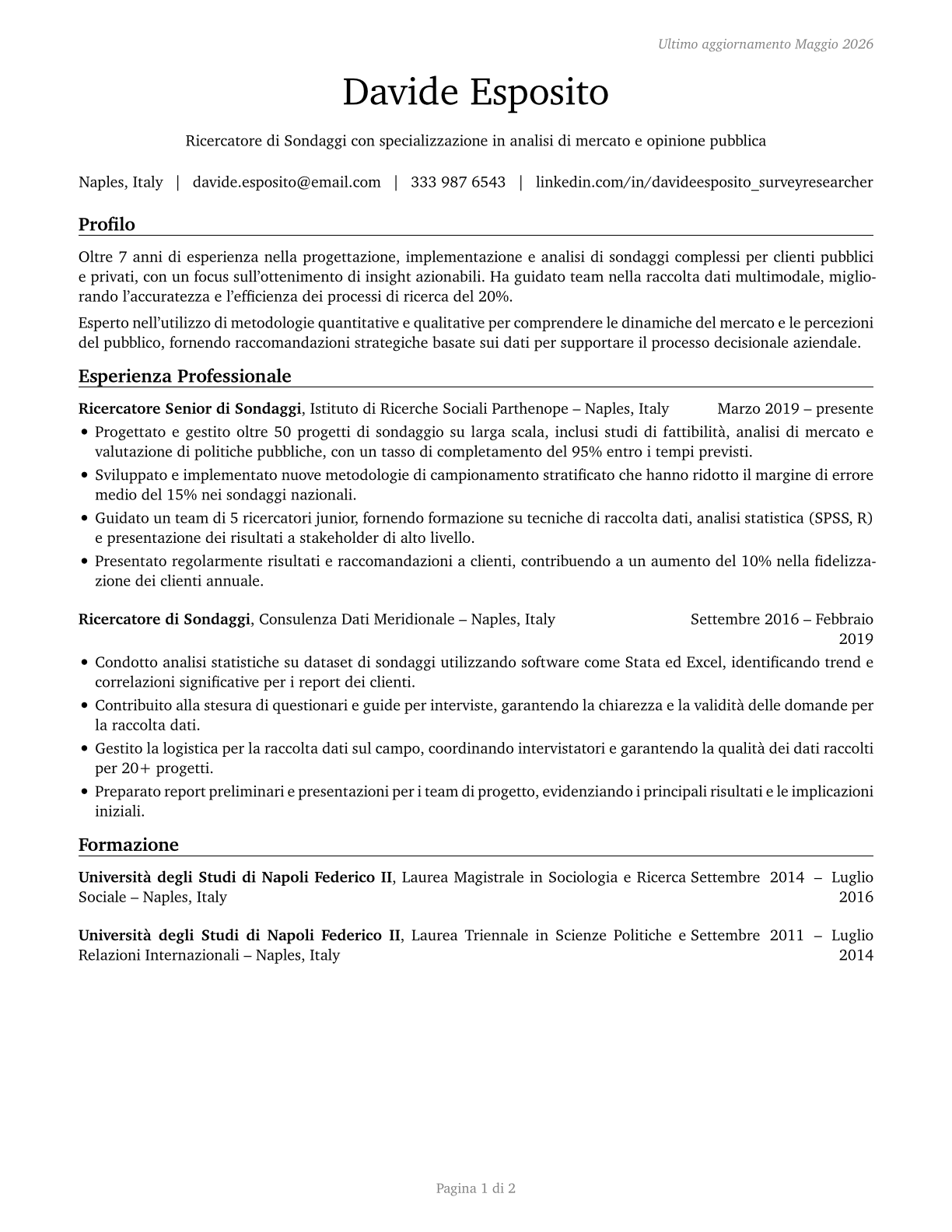 Survey Researchers CV in Italian — page 1