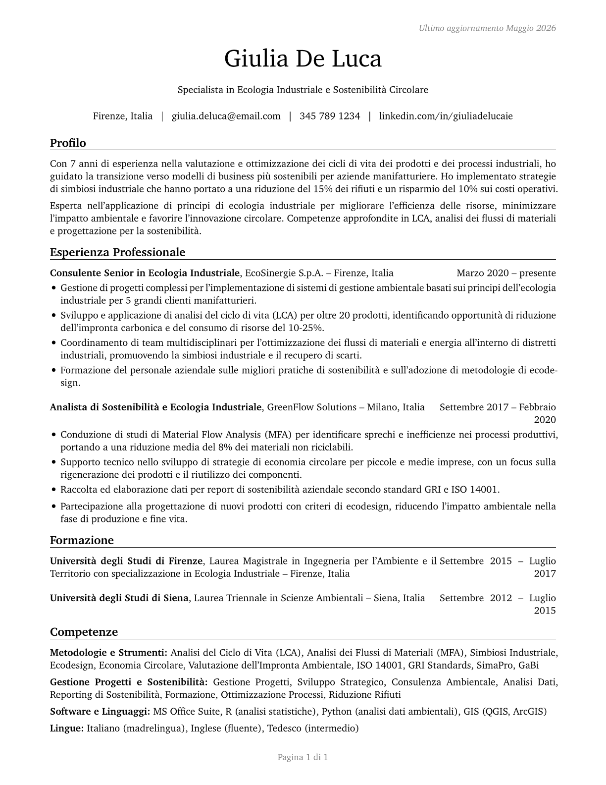 Industrial Ecologists CV in Italian — page 1