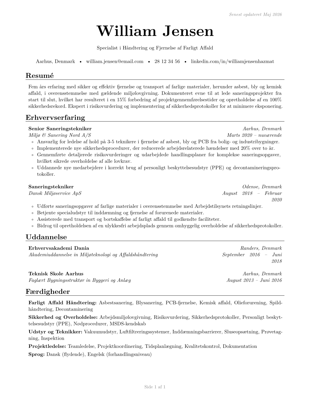 Hazardous Materials Removal Workers CV in Danish — page 1