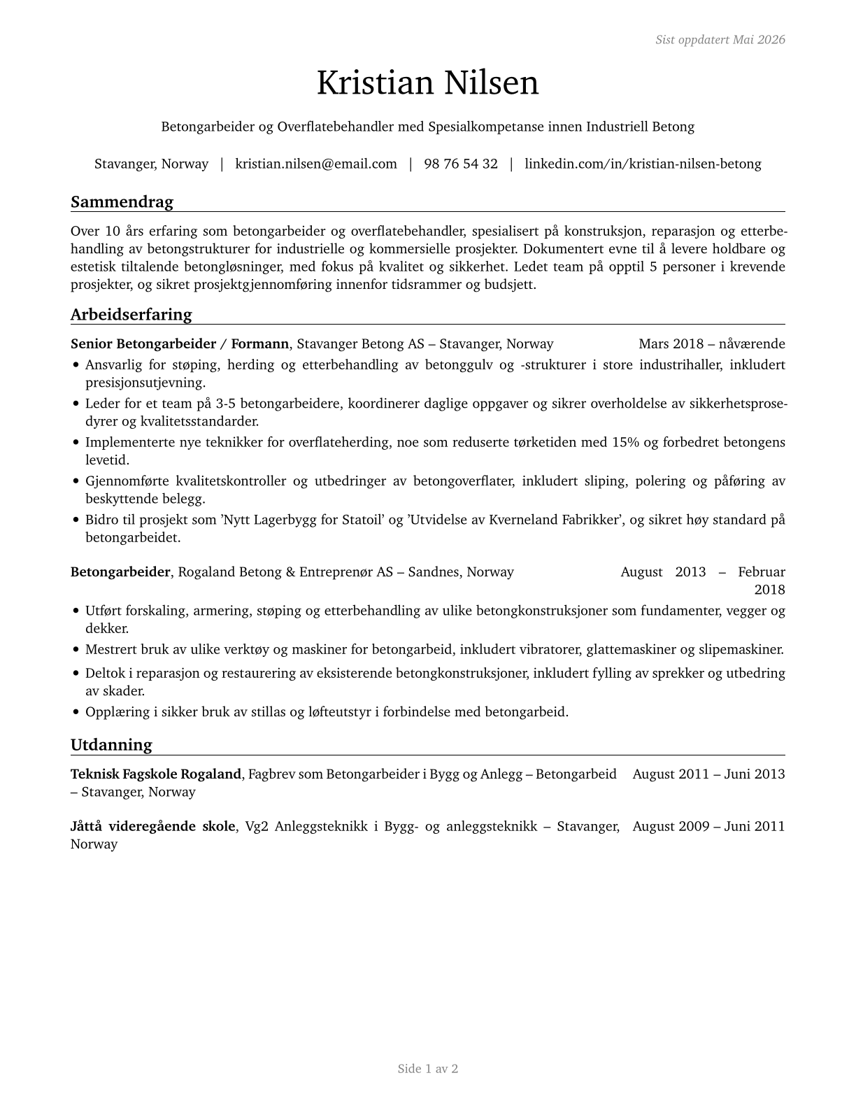 Cement Masons and Concrete Finishers CV in Norwegian_bokmal — page 1