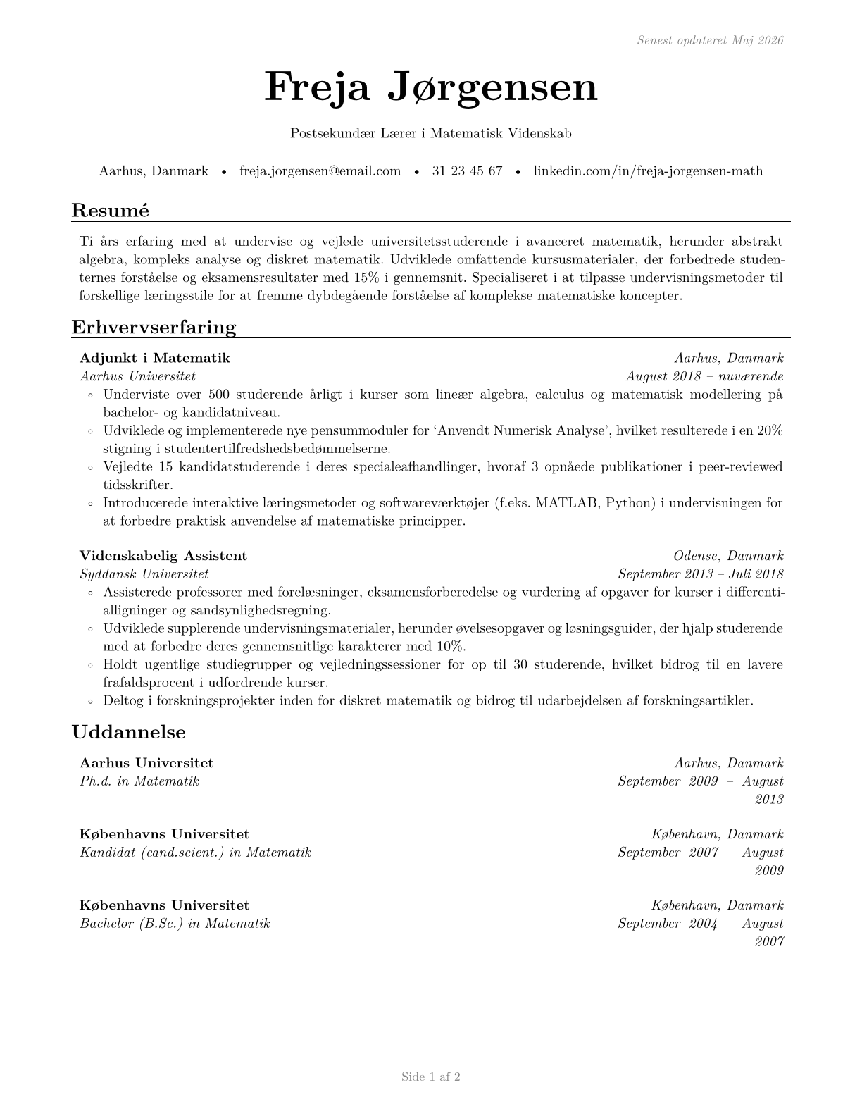 Mathematical Science Teachers, Postsecondary CV in Danish — page 1