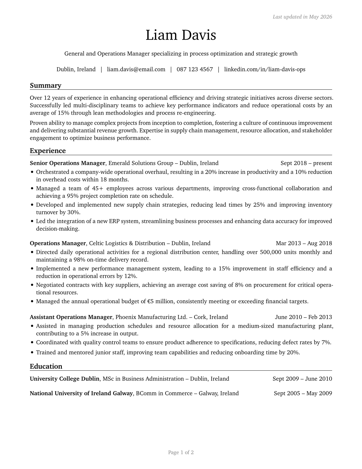 General and Operations Managers CV in English — page 1