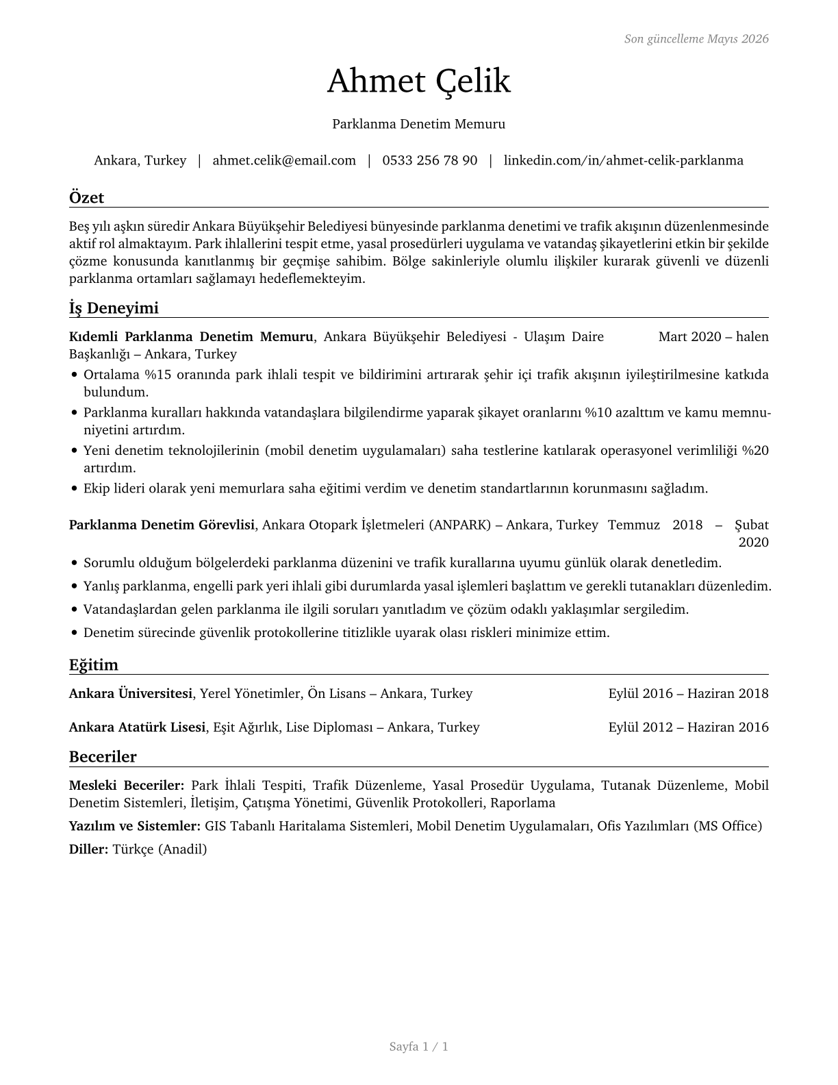 Parking Enforcement Workers CV in Turkish — page 1