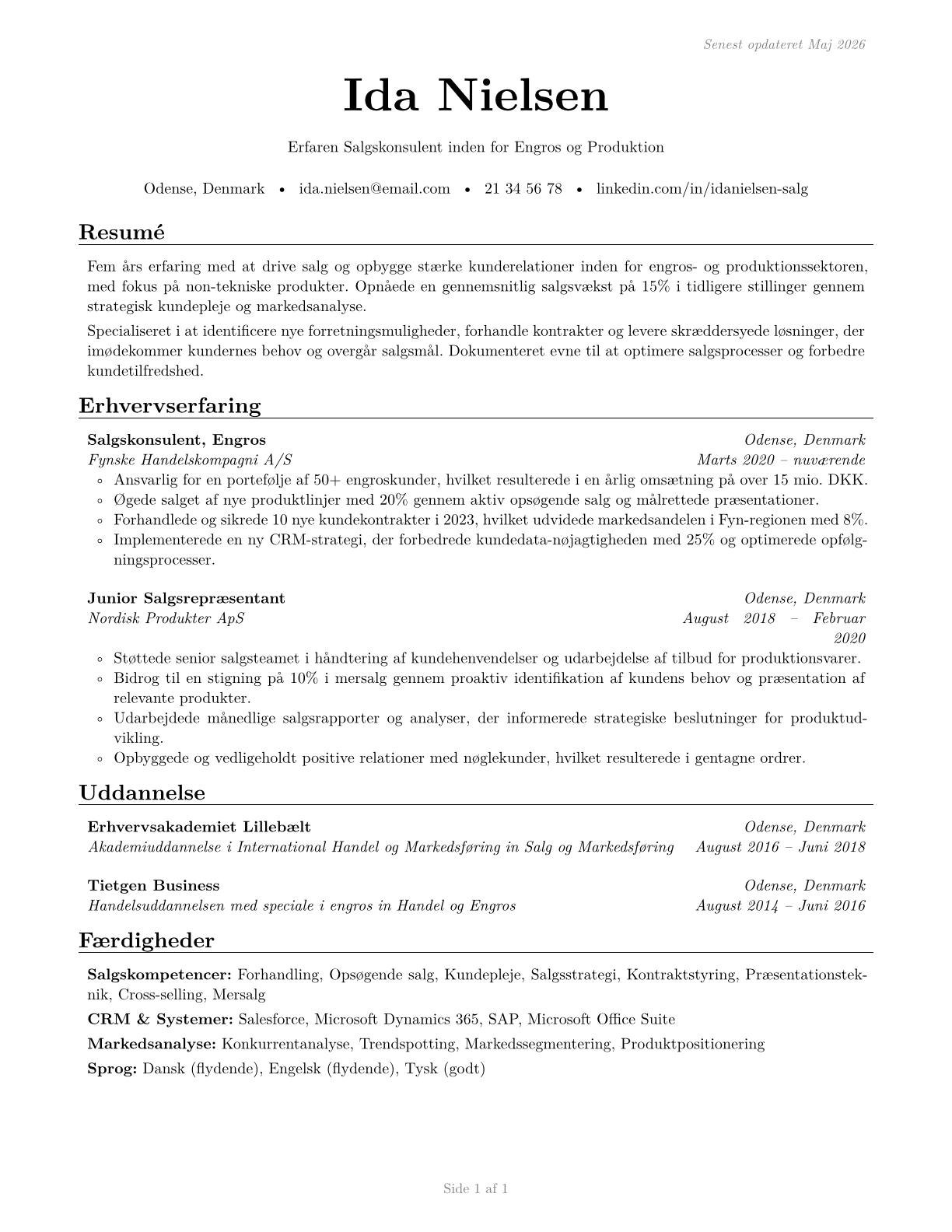 Sales Representatives, Wholesale and Manufacturing, Except Technical and Scientific Products CV in Danish — page 1